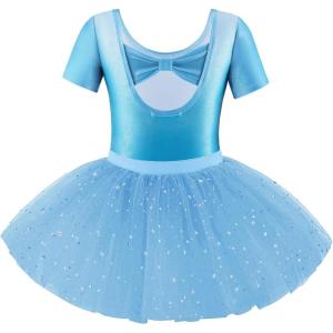 Zaclotre Girls Ballet Leotards Short Sleeve Bow Back Tutu Ballerina Costume Toddler Dance Dress Outfit Combo(White Blue)