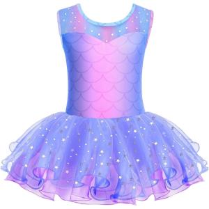 Zaclotre Girls Ballet Leotards Sparkly Sleevesless Mesh Dance Dress Tutu Ballerina Costume for Kids(Blue Mermaid)
