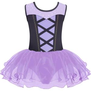 Zaclotre Girls Ballet Leotards Sparkly Sleevesless Mesh Dance Dress Tutu Ballerina Costume for Kids(Purple& Black)