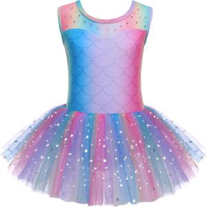Zaclotre Girls Ballet Leotards Sparkly Sleevesless Mesh Dance Dress Tutu Ballerina Costume for Kids(Rainbow)
