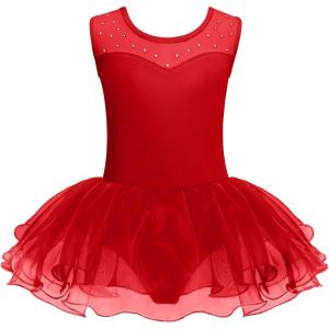 Zaclotre Girls Ballet Leotards Sparkly Sleevesless Mesh Dance Dress Tutu Ballerina Costume for Kids(Red)