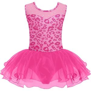 Zaclotre Girls Ballet Leotards Sparkly Sleevesless Mesh Dance Dress Tutu Ballerina Costume for Kids(Rose Leopard)