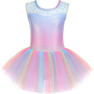 Zaclotre Girls Ballet Leotards Sparkly Sleevesless Mesh Dance Dress Tutu Ballerina Costume for Kids(Shiny Rainbow)