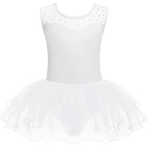 Zaclotre Girls Ballet Leotards Sparkly Sleevesless Mesh Dance Dress Tutu Ballerina Costume for Kids(White)