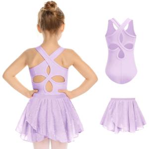 Zaclotre Girls Ballet Leotards Toddler Hollow Back Dance Dress Outfit with Removable Skirt Combo(Lilac)