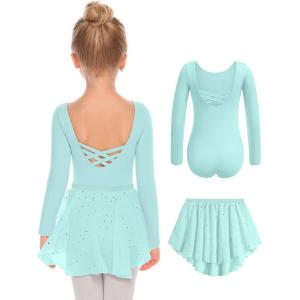 Zaclotre Girls Ballet Leotards Toddler Long Sleeve Crisscross Back Dance Dress Outfit with Removable Shiny Skirt Combo(Aqua Green)