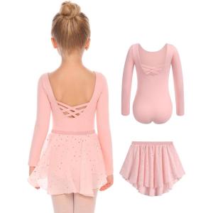 Zaclotre Girls Ballet Leotards Toddler Long Sleeve Crisscross Back Dance Dress Outfit with Removable Shiny Skirt Combo(Ballet Pink)