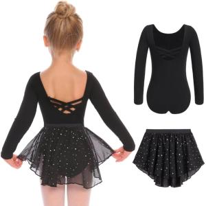 Zaclotre Girls Ballet Leotards Toddler Long Sleeve Crisscross Back Dance Dress Outfit with Removable Shiny Skirt Combo(Black)
