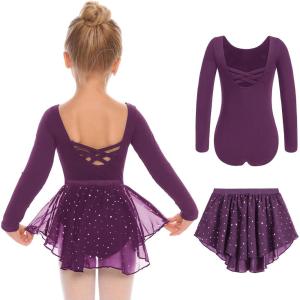 Zaclotre Girls Ballet Leotards Toddler Long Sleeve Crisscross Back Dance Dress Outfit with Removable Shiny Skirt Combo(Dark Purple)