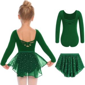 Zaclotre Girls Ballet Leotards Toddler Long Sleeve Crisscross Back Dance Dress Outfit with Removable Shiny Skirt Combo(Green)