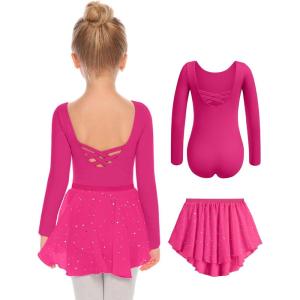 Zaclotre Girls Ballet Leotards Toddler Long Sleeve Crisscross Back Dance Dress Outfit with Removable Shiny Skirt Combo(Hot Pink)