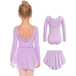 Zaclotre Girls Ballet Leotards Toddler Long Sleeve Crisscross Back Dance Dress Outfit with Removable Shiny Skirt Combo(Lilac)
