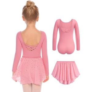 Zaclotre Girls Ballet Leotards Toddler Long Sleeve Crisscross Back Dance Dress Outfit with Removable Shiny Skirt Combo(Pink)