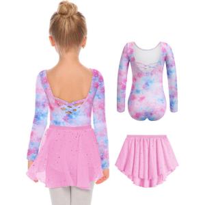 Zaclotre Girls Ballet Leotards Toddler Long Sleeve Crisscross Back Dance Dress Outfit with Removable Shiny Skirt Combo(Pink Blue Stars)