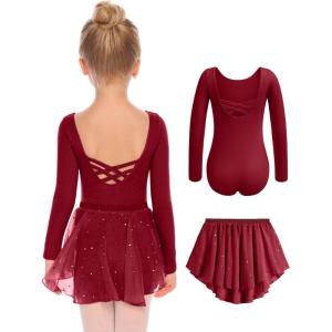 Zaclotre Girls Ballet Leotards Toddler Long Sleeve Crisscross Back Dance Dress Outfit with Removable Shiny Skirt Combo(Wine Red)