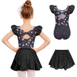 Zaclotre Girls Ballet Leotards Toddler Ruffle Sleeve Bow Back Dance Outfits Leotard with Removable Shinny Skirt Combo(Black Star)