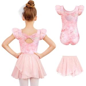 Zaclotre Girls Ballet Leotards Toddler Ruffle Sleeve Bow Back Dance Outfits Leotard with Removable Shinny Skirt Combo(Pink Tie Dye)