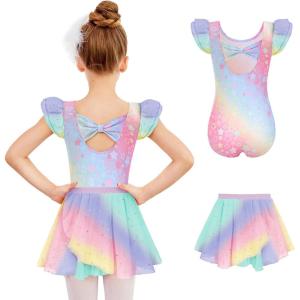 Zaclotre Girls Ballet Leotards Toddler Ruffle Sleeve Bow Back Dance Outfits Leotard with Removable Shinny Skirt Combo(Rainbow Star)