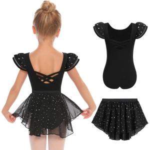 Zaclotre Girls Ballet Leotards with Removable High Low Skirt Toddler Ruffle Sleeve Hollow Back Dance Outfit Combo(Black)