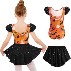 Zaclotre Girls Ballet Leotards with Removable High Low Skirt Toddler Ruffle Sleeve Hollow Back Dance Outfit Combo(Black Holloween)
