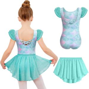 Zaclotre Girls Ballet Leotards with Removable High Low Skirt Toddler Ruffle Sleeve Hollow Back Dance Outfit Combo(Green Mermaid)