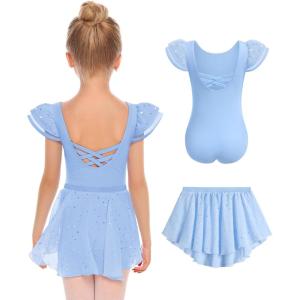 Zaclotre Girls Ballet Leotards with Removable High Low Skirt Toddler Ruffle Sleeve Hollow Back Dance Outfit Combo(Light Blue)