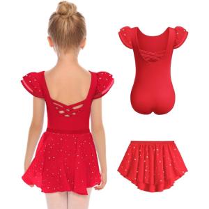 Zaclotre Girls Ballet Leotards with Removable High Low Skirt Toddler Ruffle Sleeve Hollow Back Dance Outfit Combo(Red)