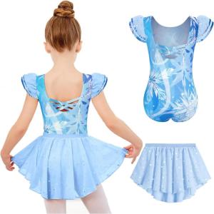 Zaclotre Girls Ballet Leotards with Removable High Low Skirt Toddler Ruffle Sleeve Hollow Back Dance Outfit Combo(Snowflake Blue)