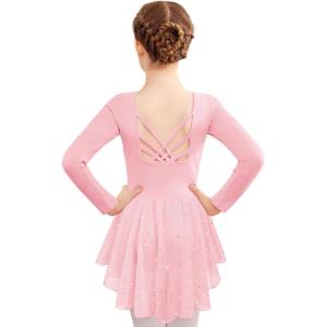 Zaclotre Girls Ballet Leotards with Shinny Skirts Long Sleeve Crisscross Back Dance Dress Outfits(Ballet Pink)