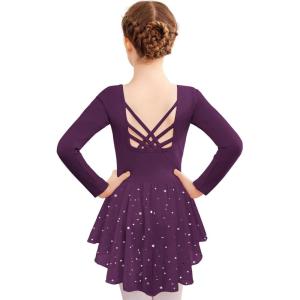 Zaclotre Girls Ballet Leotards with Shinny Skirts Long Sleeve Crisscross Back Dance Dress Outfits(Dark Purple)