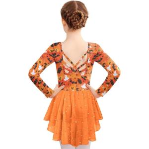 Zaclotre Girls Ballet Leotards with Shinny Skirts Long Sleeve Crisscross Back Dance Dress Outfits(Halloween)
