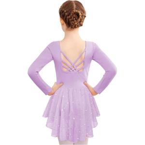 Zaclotre Girls Ballet Leotards with Shinny Skirts Long Sleeve Crisscross Back Dance Dress Outfits(Lilac)
