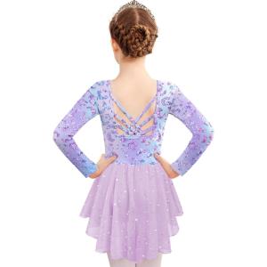 Zaclotre Girls Ballet Leotards with Shinny Skirts Long Sleeve Crisscross Back Dance Dress Outfits(Purple Leopard)