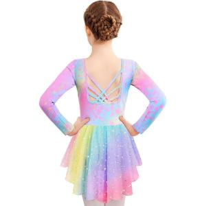 Zaclotre Girls Ballet Leotards with Shinny Skirts Long Sleeve Crisscross Back Dance Dress Outfits(Rainbow)