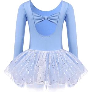 Zaclotre Girls Ballet Long Sleeve Skirted Leotards with Tutus Skirt Dance Dress Ballerina Outfits(Blue/Bow Back)