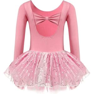 Zaclotre Girls Ballet Long Sleeve Skirted Leotards with Tutus Skirt Dance Dress Ballerina Outfits(Dark Pink/Bow Back)