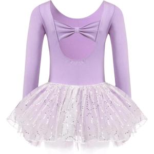 Zaclotre Girls Ballet Long Sleeve Skirted Leotards with Tutus Skirt Dance Dress Ballerina Outfits(Purple/Bow Back)