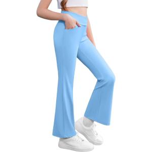 Zaclotre Girls Flare Leggings High Waisted V Crossover Casual Yoga Bell Bottoms with Pockets Pants for Kid(Blue)