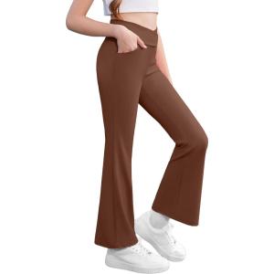 Zaclotre Girls Flare Leggings High Waisted V Crossover Casual Yoga Bell Bottoms with Pockets Pants for Kid(Brown)