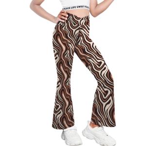 Zaclotre Girls Flare Leggings High Waisted V Crossover Casual Yoga Bell Bottoms with Pockets Pants for Kid(Brown Marble)