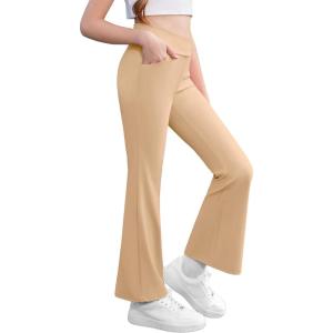 Zaclotre Girls Flare Leggings High Waisted V Crossover Casual Yoga Bell Bottoms with Pockets Pants for Kid(Khaki)