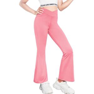 Zaclotre Girls Flare Leggings High Waisted V Crossover Casual Yoga Bell Bottoms with Pockets Pants for Kid(Pink)