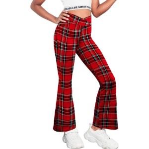 Zaclotre Girls Flare Leggings High Waisted V Crossover Casual Yoga Bell Bottoms with Pockets Pants for Kid(Red Plaid)