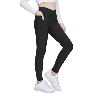 Zaclotre Girls Fleece Lined Leggings Kids Water Resistant Winter Warm Crossover Athletic Yoga Pants with Pockets(Black)