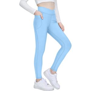 Zaclotre Girls Fleece Lined Leggings Kids Water Resistant Winter Warm Crossover Athletic Yoga Pants with Pockets(Blue)