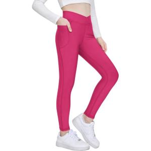 Zaclotre Girls Fleece Lined Leggings Kids Water Resistant Winter Warm Crossover Athletic Yoga Pants with Pockets(Hot Pink)