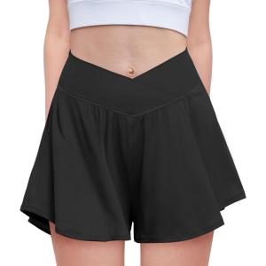 Zaclotre Girls Flowy Shorts with Spandex Liner V Crossover 2 in 1 Athletic Running Shorts with Pockets Kids Butterfly Skorts(Black)