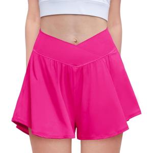 Zaclotre Girls Flowy Shorts with Spandex Liner V Crossover 2 in 1 Athletic Running Shorts with Pockets Kids Butterfly Skorts(Hot Pink)