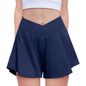 Zaclotre Girls Flowy Shorts with Spandex Liner V Crossover 2 in 1 Athletic Running Shorts with Pockets Kids Butterfly Skorts(Navy Blue)