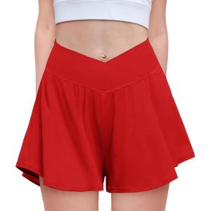 Zaclotre Girls Flowy Shorts with Spandex Liner V Crossover 2 in 1 Athletic Running Shorts with Pockets Kids Butterfly Skorts(Red)